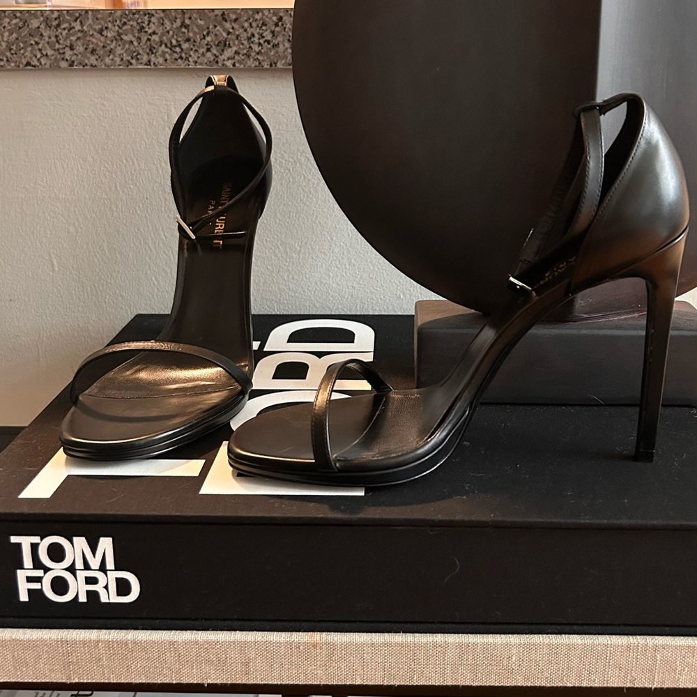 Saint Laurent Black Leather Ankle-Strap Stiletto Sandals